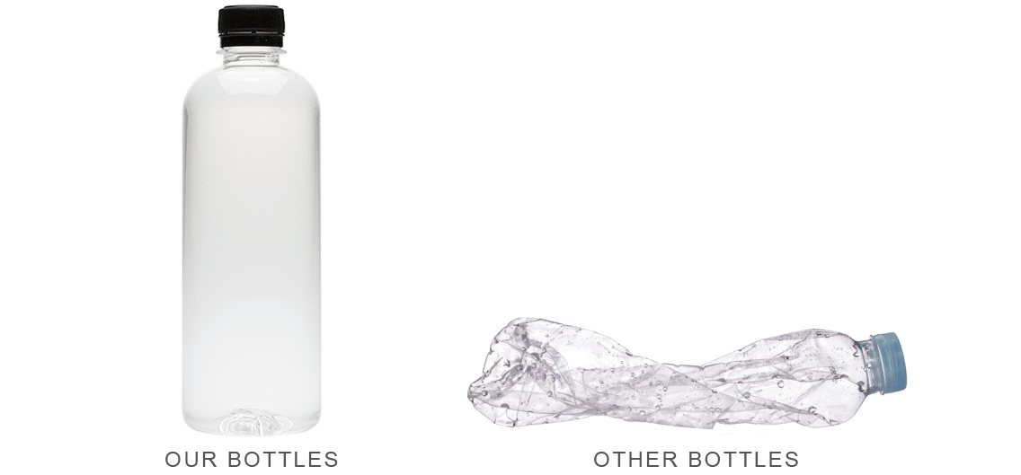 Our sturdy bottle beside a crushed competitor bottle